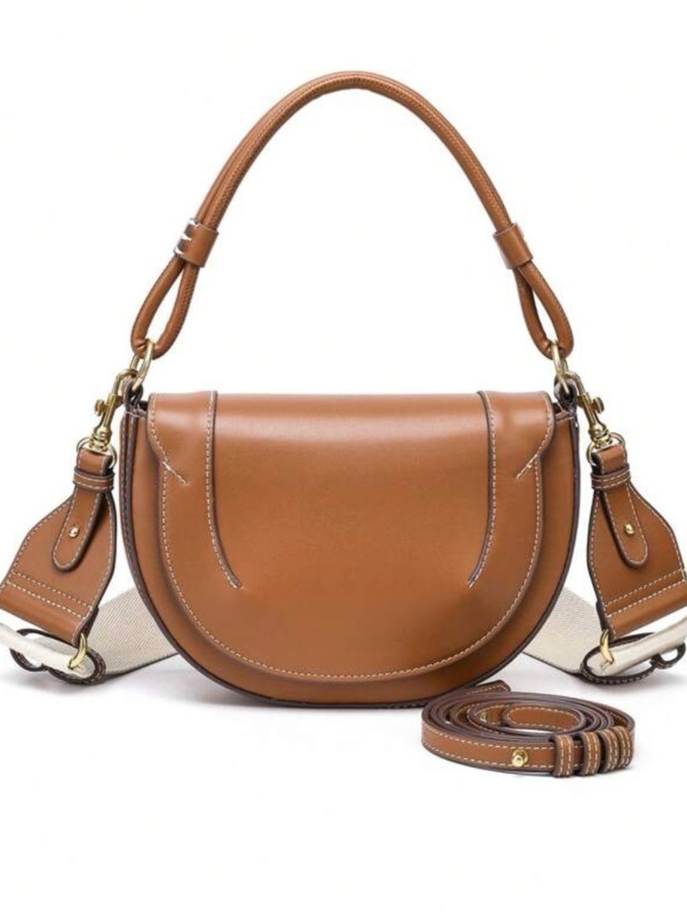 Tan PU Saddle Bag with Top Handle and Strap